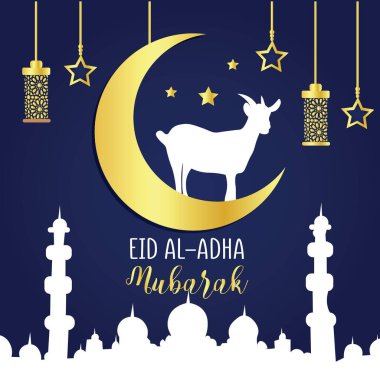 Kurban Bayramı için Koyun, Hilal ve Cami ile Kutlama Kartı (Kurban Bayramı)