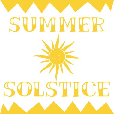 Metin YAZ SOLSTICE ve beyaz arkaplana güneşi çizdi