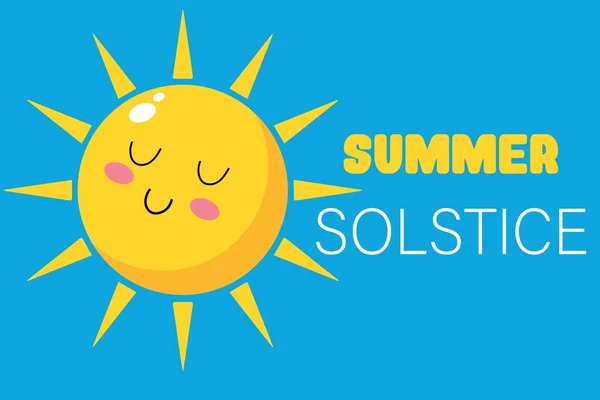 Text Sommer Solstice Und Gezeichnete Sonne Auf Blauem Hintergrund — Stockvektor