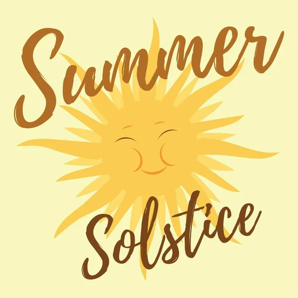 Text Sommer Solstice Und Gezeichnete Sonne Auf Gelbem Hintergrund — Stockvektor