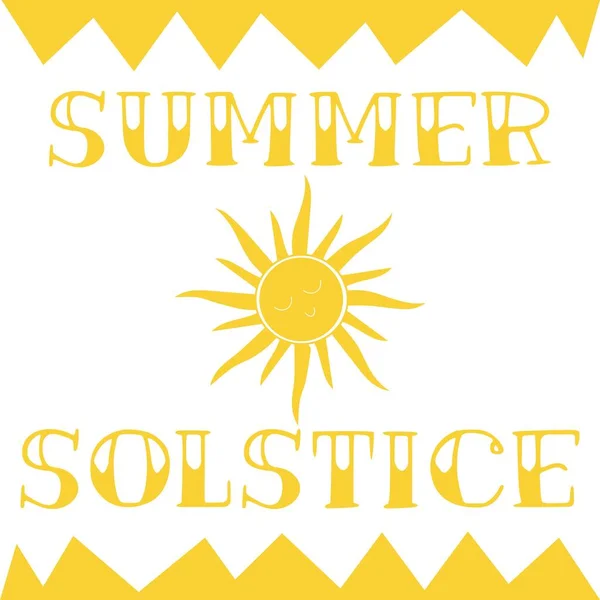 Text Sommer Solstice Und Gezeichnete Sonne Auf Weißem Hintergrund — Stockvektor