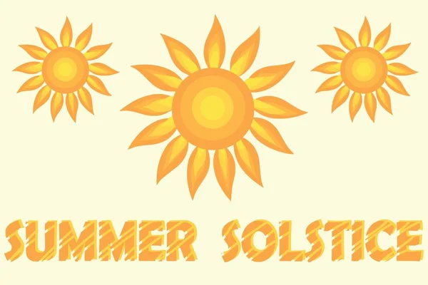 Text Sommer Solstice Und Gezeichnete Sonnen Auf Gelbem Hintergrund — Stockvektor