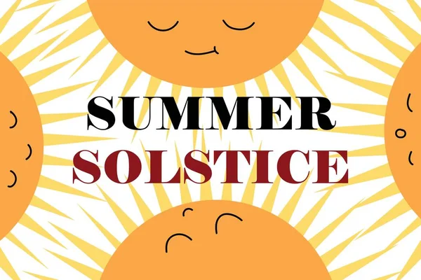 Text Sommer Solstice Und Gezeichnete Sonnen Auf Weißem Hintergrund — Stockvektor