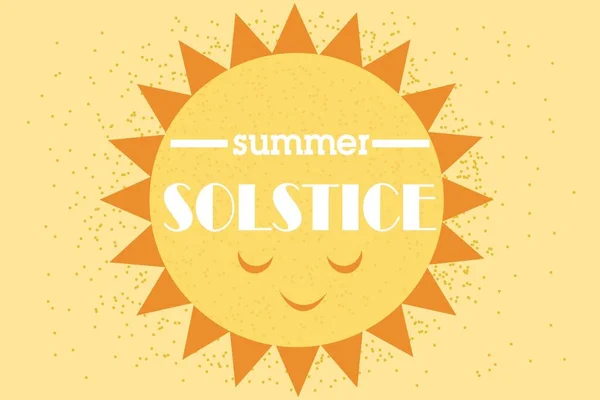 Text Sommer Solstice Und Gezeichnete Sonne Auf Gelbem Hintergrund — Stockvektor