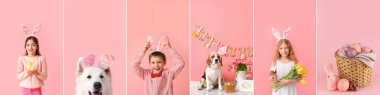 Paskalya kutlaması için neşeli çocuklar ve köpekler tavşan kulaklarında, boyalı yumurtalar, laleler ve pembe arka planda pastayla kolaj.