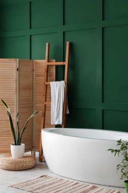 Interior of bathroom with bathtub, houseplants and ladder