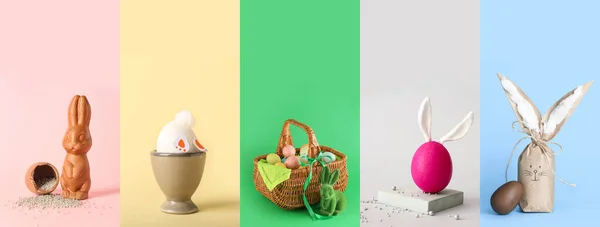 Collage Festivo Celebrazione Della Pasqua Con Uova Creative Simpatici Coniglietti — Foto Stock