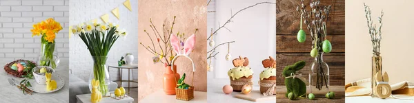 Collage Festivo Para Celebración Pascua Con Huevos Pintados Conejitos Lindos — Foto de Stock