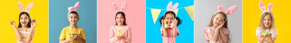 Slavnostní Koláž Velikonoční Oslavu Šťastnými Malými Dětmi Králičích Uších Barevném — Stock fotografie