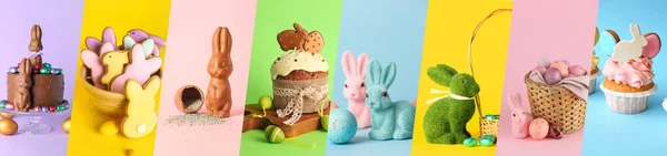 Festlig Collage För Påskfirande Med Målade Ägg Söta Kaniner Och — Stockfoto
