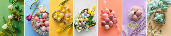 Festive collage for Easter celebration with painted eggs, bunnies and floral decor on color background, top view