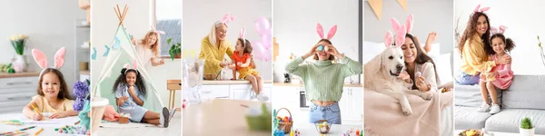 Paskalya Kutlaması Için Evde Mutlu Insanlarla Kolaj — Stok fotoğraf
