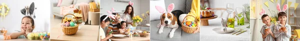 与快乐的人 可爱的狗 彩绘的蛋和漂亮的餐桌在家里举行复活节庆祝活动的节日拼贴 — 图库照片
