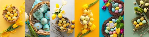 Festlig Collage För Påskfirande Med Målade Ägg Vårblommor Och Kaniner — Stockfoto