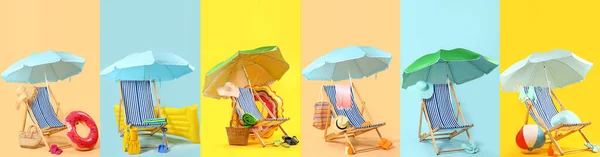 Kolaż Leżaków Parasolami Akcesoriami Plażowymi Tle Koloru — Zdjęcie stockowe