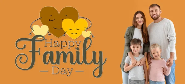 Banner Για Την Ημέρα Της Οικογένειας Χαρούμενους Ανθρώπους Πορτοκαλί Φόντο — Φωτογραφία Αρχείου