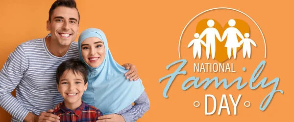 Banner För Familjedagen Med Glada Arabiska Människor Orange Bakgrund — Stockfoto