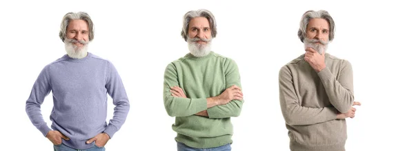 Collage Uomo Anziano Che Indossa Maglioni Maglia Diversi Colori Sfondo — Foto Stock