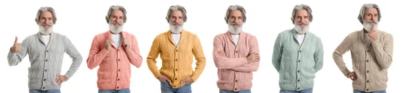 Коллаж Пожилого Человека Вязаных Свитерах Разных Цветов Белом Фоне — стоковое фото