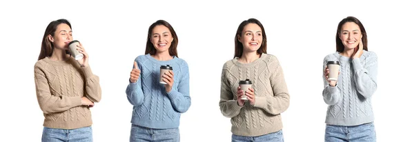 배경에 색깔의 스웨터를 커피를 마시고 여성들의 콜라주 — 스톡 사진