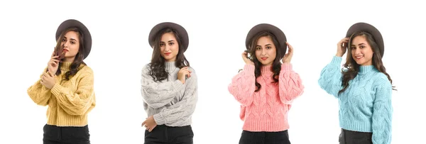 Collage Young Woman Wearing Knitted Sweaters Different Colors White Background — Stock Photo, Image