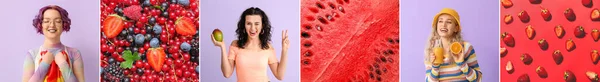Collage Happy Women Juicy Fruits Berries — Stock Photo, Image