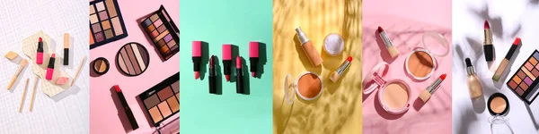 Collage Cosméticos Maquillaje Sobre Fondo Color — Foto de Stock