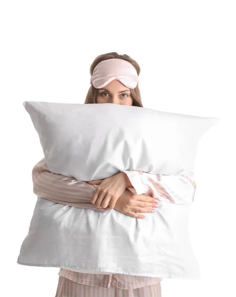 Jovem Com Máscara Dormir Travesseiro Fundo Branco — Fotografia de Stock