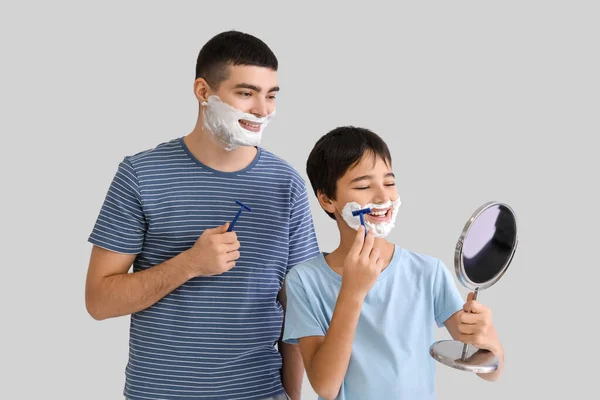 Father His Little Son Mirror Shaving Light Background — Foto Stock