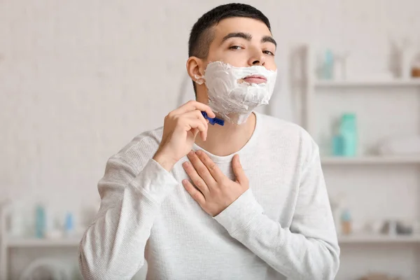 Morning Young Man Shaving Bathroom — Stock Photo, Image