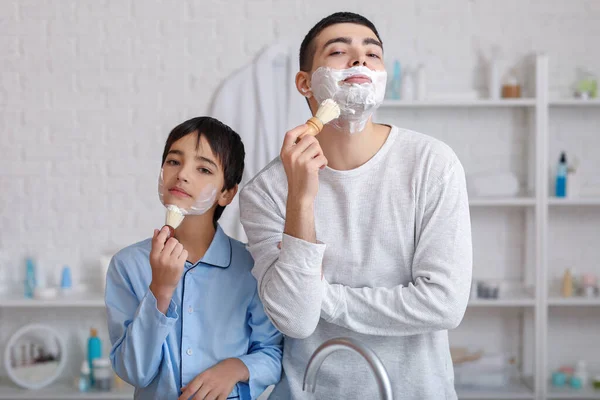 Morning Father His Little Son Shaving Bathroom — Photo