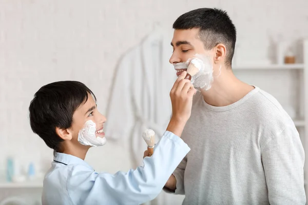 Morning Father His Little Son Shaving Bathroom — Photo