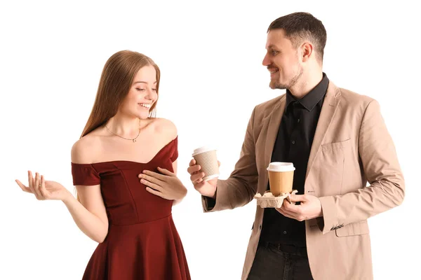 Young Man Giving Cup Coffee His Wife White Background — Stock Photo, Image