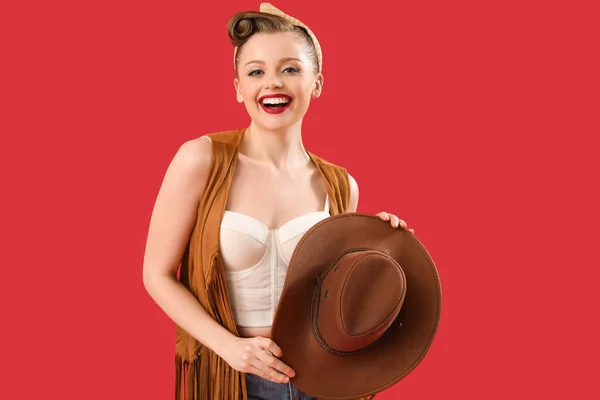 Young Pin Woman Cowboy Hat Red Background — Stock Photo, Image