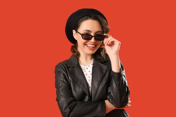 Stylish Young Woman Sunglasses Red Background — Stock Photo, Image