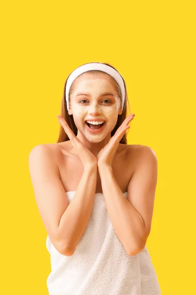 Happy Young Woman Applied Turmeric Mask Yellow Background — Stok Foto