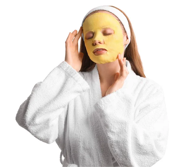 Young Woman Bathrobe Turmeric Mask White Background — Stock Fotó