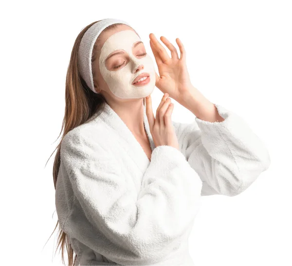 Young Woman Bathrobe Applied Turmeric Mask White Background — Stock Photo, Image