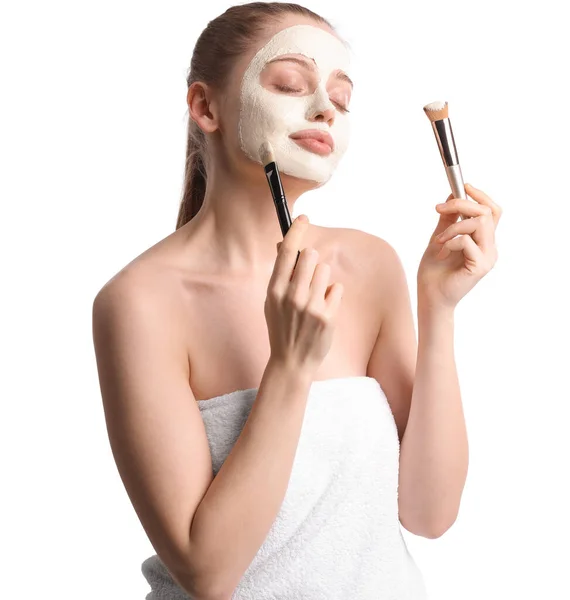 Young Woman Applied Turmeric Mask Brushes White Background —  Fotos de Stock