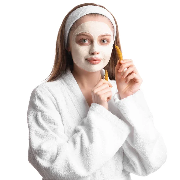 Giovane Donna Con Maschera Curcuma Applicata Radici Sfondo Bianco — Foto Stock