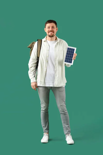 Handsome Man Portable Solar Panel Green Background — Stock Photo, Image