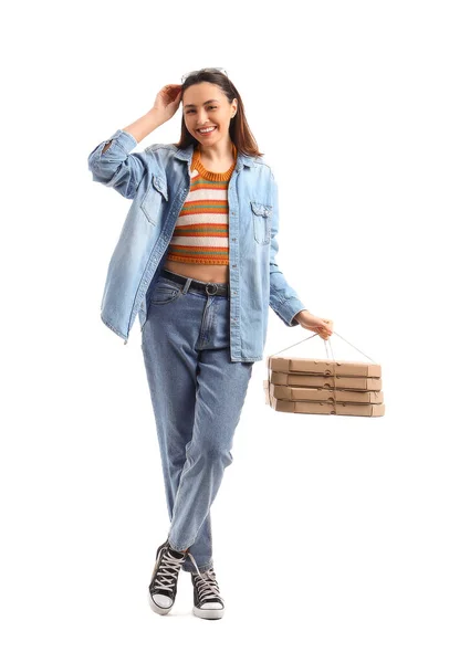 Молодая Женщина Картонными Коробками Пиццы Белом Фоне — стоковое фото