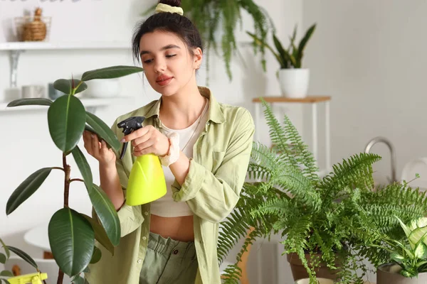 Młoda Kobieta Opryskując Zielone Rośliny Domowe Wodą Kuchni — Zdjęcie stockowe