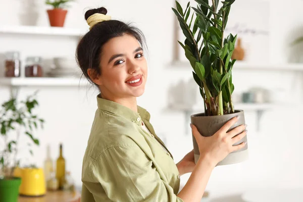 Junge Frau Mit Grüner Zimmerpflanze Der Küche Nahaufnahme — Stockfoto