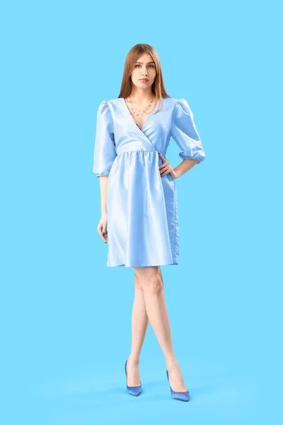 Fashionable Young Woman Stylish Dress Light Blue Background — ストック写真