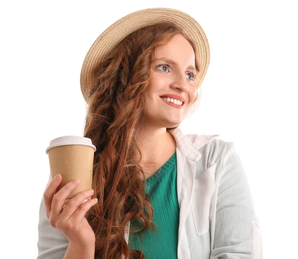 Mooie Roodharige Vrouw Met Kopje Koffie Witte Achtergrond — Stockfoto