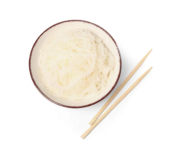Schaal Met Smakelijke Rijst Noedels Stokjes Geïsoleerd Witte Achtergrond — Stockfoto
