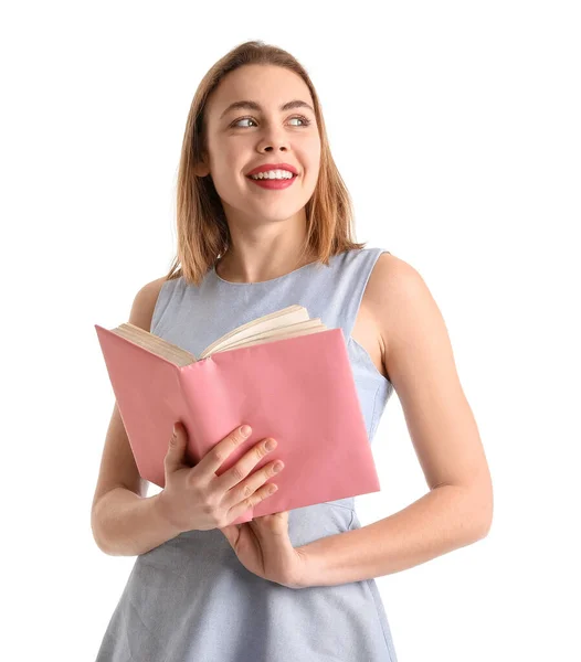 Junge Frau Mit Buch Auf Weißem Hintergrund — Stockfoto