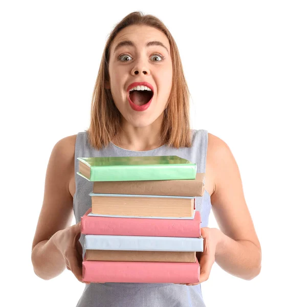 Mujer Joven Sorprendida Con Libros Sobre Fondo Blanco — Foto de Stock