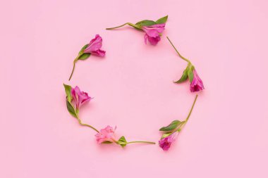 Pembe arkaplandaki alstroemeria çiçeklerinden yapılmış çerçeve